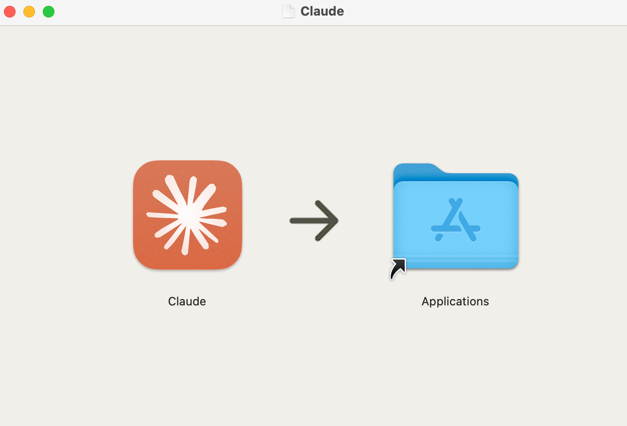 图 1-3 展示将 `Claude` 应用拖入 `Applications` 文件夹的动作。