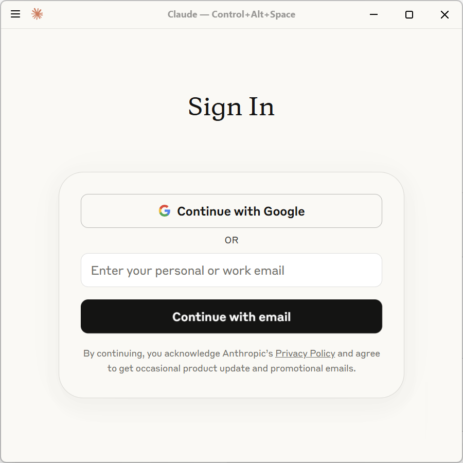 图 1-5 展示 Claude Desktop 登录页中的邮箱与 Google 登录入口。