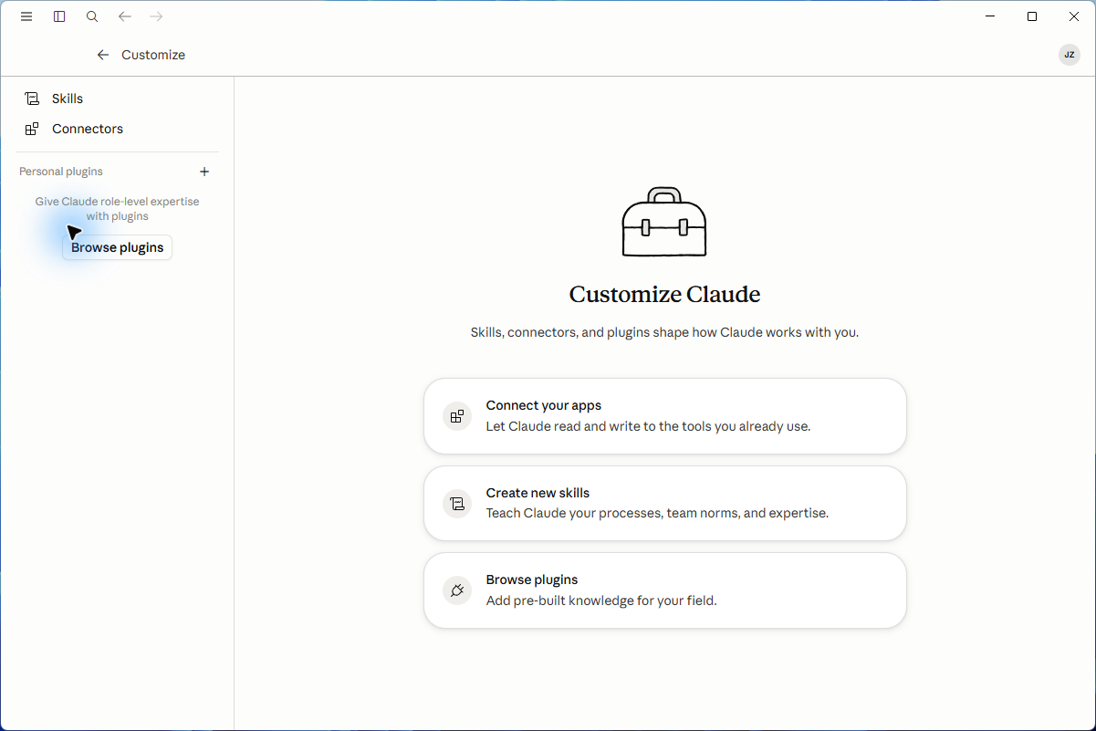 图 4-6 展示新版 `Customize Claude` 个性化入口，以及 Skills、Connectors 与 Plugins 三类主要配置方向。